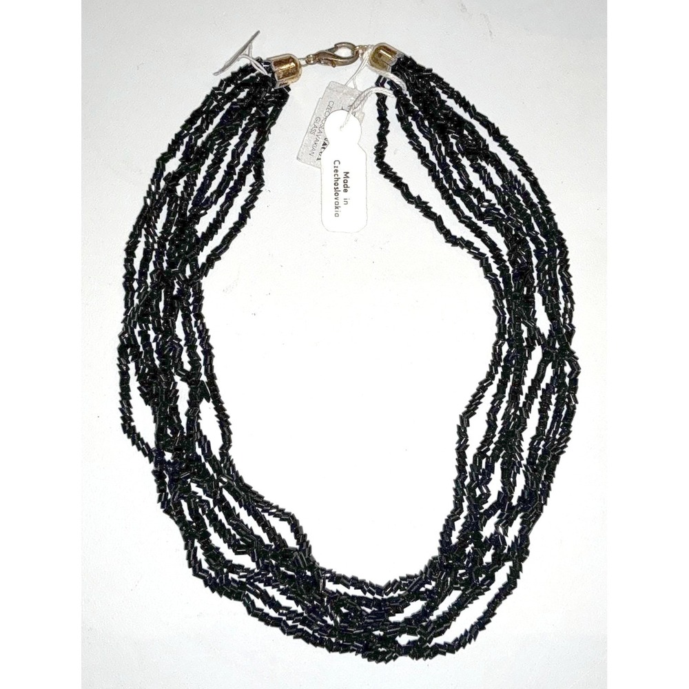 NWT Czechoslovakia Vintage Boho Black Glass Seed Bead Multi Strand‎ 18" Necklace